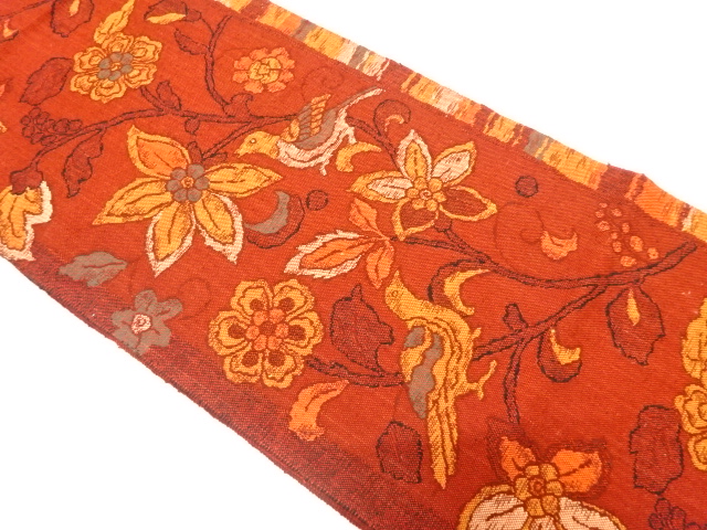 JAPANESE NAGOYA OBI / MAWATA TSUMUGI / WOVEN FLOWER & BIRD
